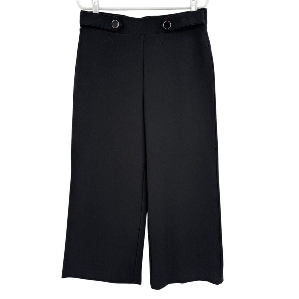 Tahari Women's Pull-on Stretch Knit High Rise Black Wide Leg Crop Pants Size 12